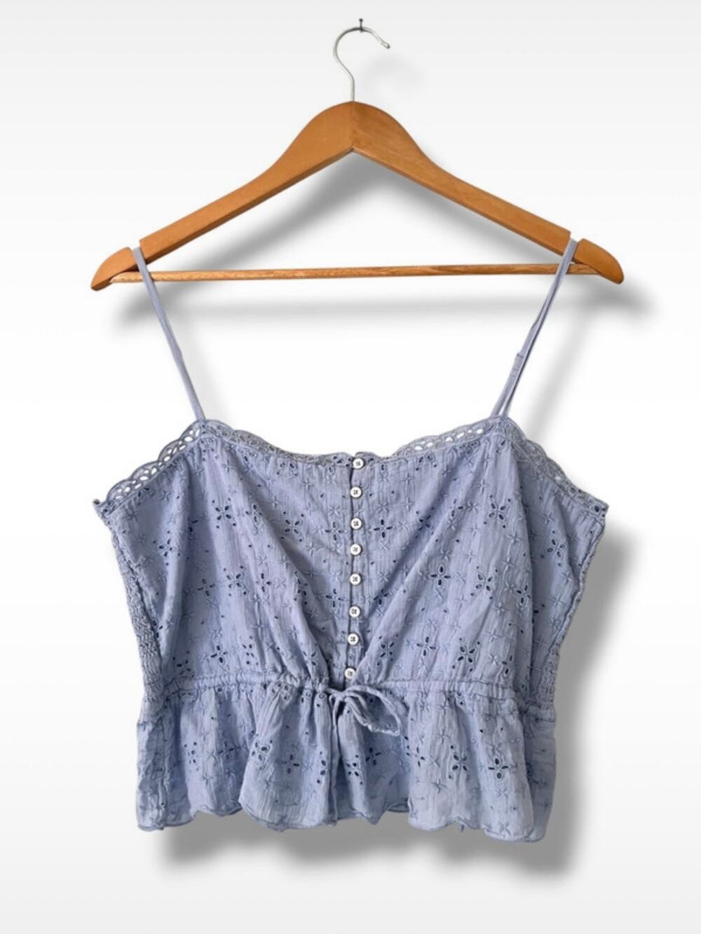 Aerie Eyelet Cami Top Womens L Periwinkle Blue Cotton Smocked Peplum Tie